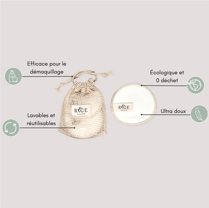 COTONS RÉUTILISABLES ÉCOLOGIQUES – LOT DE 5 AVEC FILET DE LAVAGE